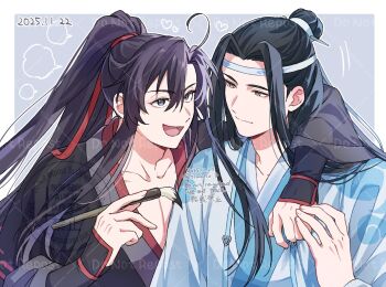Rule 34 | 2boys, :d, ahoge, arm around shoulder, bishounen, black hair, black hanfu, blank speech bubble, border, calligraphy brush, chinese clothes, closed mouth, collarbone, commentary request, couple, dated, grey eyes, hair between eyes, hair ribbon, hanfu, headband, heart, high ponytail, holding, holding calligraphy brush, holding paintbrush, kimako (kimako 8), lan wangji, long hair, long sleeves, looking at another, male focus, modao zushi, multiple boys, open mouth, paintbrush, pectoral cleavage, pectorals, ponytail, red ribbon, ribbon, robe, sidelocks, sleeves past wrists, smile, speech bubble, topknot, twitter username, upper body, watermark, watermark grid, wei wuxian, white hanfu, white headband, wide sleeves, xiao guan (headdress), yaoi, yellow eyes