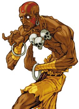 Rule 34 | 1boy, bald, bindi, capcom, capcom vs. snk 2, dark skin, dhalsim, earrings, facepaint, frown, game cg, highres, hunched over, jewelry, male focus, necklace, nishimura kinu, no pupils, non-web source, official art, raised eyebrow, rope belt, skull necklace, solo, street fighter, third-party source, veins, veiny arms, white background, wrist wrap