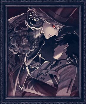 Rule 34 | 2boys, bevel, border, commentary request, edmond dantes (fate), epaulettes, eyelashes, fate/grand order, fate (series), fujimaru ritsuka (male), gloves, hat, long sleeves, male focus, monochrome, multiple boys, parted lips, red eyes, short hair, the count of monte cristo (fate), top hat