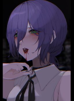 1girl absurdres black_choker black_ribbon blood blood_from_mouth blue_hair chainsaw_man choker green_eyes grenade_pin grey_shirt hair_between_eyes hair_bun highres misopippi_hera neck_ribbon reze_(chainsaw_man) ribbon shirt sleeveless sleeveless_shirt solo