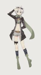Rule 34 | 1girl, ahoge, boots, crop top, eiyuu densetsu, fie claussell, floating scarf, full body, george man, goggles, goggles on head, green eyes, highres, holster, jacket, knife, navel, open clothes, open jacket, scarf, sen no kiseki, sen no kiseki ii, short hair, shorts, simple background, solo, thigh holster, thigh sheath, white background, white hair