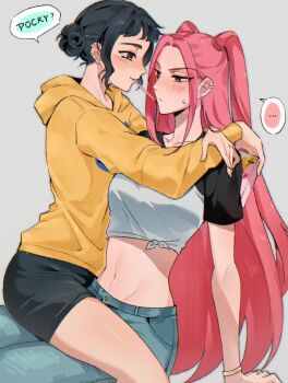 Rule 34 | ..., 2girls, arms around neck, black hair, black shorts, blue pants, blush, brown eyes, commentary, crop top, denim, ear piercing, english text, female focus, freckles, grey background, hair bun, highres, hood, hoodie, jeans, jewelry, kpop demon hunters, long hair, midriff, mira (kpop demon hunters), multiple girls, navel, pants, piercing, pink hair, ring, shorts, simple background, sitting, sitting on lap, sitting on person, sleepykai32, speech bubble, spoken ellipsis, toned, toned female, twintails, wedding ring, wife and wife, yellow hoodie, yuri, zoey (kpop demon hunters)