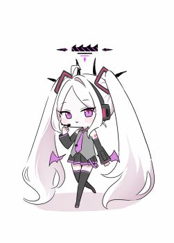 1girl absurdres bare_shoulders black_halo black_skirt black_sleeves blue_archive chibi cosplay demon_horns detached_sleeves earpiece hair_ornament halo hatsune_miku hatsune_miku_(cosplay) headphones headset highres hina_(blue_archive) horns long_hair looking_at_viewer mata_ashita microphone necktie number_tattoo pleated_skirt shirt shoulder_tattoo simple_background skirt sleeveless sleeveless_shirt smile solo striped_clothes striped_skirt tattoo thighhighs tie_clip twintails white_background white_hair