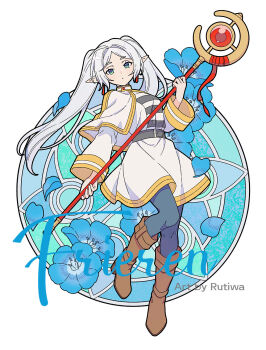 1girl artist_name belt belt_buckle black_belt black_pantyhose blue_flower blue_petals boots breasts brown_boots buckle capelet character_name closed_mouth commentary dot_mouth earrings elf english_commentary falling_petals floating flower forget-me-not_(flower) frieren full_body gem gold_trim green_eyes grey_hair highres holding holding_staff jacket jewelry long_hair looking_at_viewer medium_breasts pantyhose parted_bangs petals pointy_ears red_gemstone rutiwa shirt skirt solo sousou_no_frieren staff striped_clothes striped_shirt twintails white_background white_capelet white_jacket white_skirt