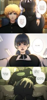 black_hair blonde_hair chainsaw_man denji_(chainsaw_man) fourth_east_high_school_uniform grabbing_another's_hair hetero holding_another's_hair implied_fellatio mitaka_asa theoddyss wide_hips