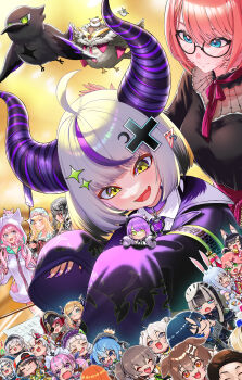 Rule 34 | 1boy, 6+girls, :3, absurdres, ahoge, animal ears, backwards hat, bicorne, blonde hair, blue eyes, blue hair, bone hair ornament, breast tattoo, breasts, brown eyes, brown hair, chibi, cleavage, collar, commentary, crossed bangs, crow (la+ darknesss), dog ears, fang, ganmo (takane lui), gawr gura, gawr gura (1st costume), glasses, green eyes, grey hair, hair ornament, hakui koyori, hakui koyori (summer), hat, highres, hiodoshi ao, hololive, hololive dev is, hololive english, horns, hoshimachi suisei, hoshimachi suisei (1st costume), inugami korone, inugami korone (1st costume), jacket, juufuutei raden, kazama iroha, kazama iroha (street), kiryu coco, la+ darknesss, large breasts, lion ears, long hair, mask, mask on head, medium breasts, minato aqua, multiple boys, multiple girls, murasaki shion, murasaki shion (1st costume), nakiri ayame, nakiri ayame (1st costume), natsuiro matsuri, natsuiro matsuri (1st costume), necktie, one eye covered, open mouth, pink hair, purple collar, purple hair, purple jacket, purple necktie, rabbit ears, rabbit girl, red ribbon, ribbon, sakamata chloe, sakura miko, sakura miko (1st costume), shirogane noel, shirogane noel (1st costume), shishiro botan, shishiro botan (1st costume), short hair, side ponytail, skin fang, takane lui, takane lui (casual), tattoo, tokishima sikuka, tokoyami towa, tokoyami towa (jirai kei), tsukumo sana, tsukune (takane lui), twintails, usada pekora, usada pekora (1st costume), very long sleeves, virtual youtuber, white hair, wide sleeves, yagoo, yuzuki choco, yuzuki choco (1st costume)