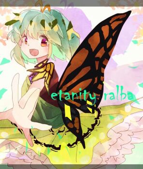 1girl antennae blue_hair butterfly_wings character_name colored_shadow commentary_request cowboy_shot dress english_text engrish_text eternity_larva frilled_dress frills green_dress insect_wings looking_at_viewer one-hour_drawing_challenge open_mouth orange_eyes orange_wings ranguage shadow shinjitsu_no_kuchi smile solo touhou white_background wings