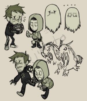 ... 2boys animal axe bag bandaid bandaid_on_face bandaid_on_nose beard_stubble black_gloves black_hoodie bug chibi chibi_only commentary crossover cry_of_fear david_leatherhoff don't_starve empty_eyes english_commentary facial_hair fingerless_gloves full_body ghost gloves grey_hoodie highres holding holding_animal holding_axe hood hood_down hood_up hoodie jinmightcry looking_at_another male_focus multiple_boys multiple_views parody print_hoodie running short_hair shoulder_bag simon_henriksson spider stubble style_parody sweatdrop