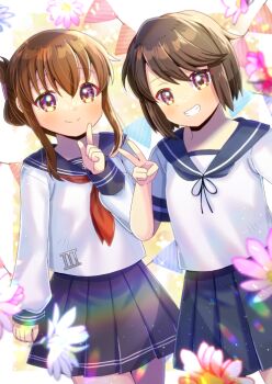 2girls anchor_symbol black_ribbon black_sailor_collar black_skirt blue_flower brown_eyes brown_hair closed_mouth commentary_request commission flower folded_ponytail grin hand_up inazuma_(kancolle) index_finger_raised kantai_collection kou_hiyoyo long_sleeves looking_at_viewer miyuki_(kancolle) multiple_girls neck_ribbon neckerchief pennant pink_flower pleated_skirt puffy_long_sleeves puffy_sleeves red_neckerchief ribbon roman_numeral sailor_collar school_uniform serafuku shirt short_sleeves skeb_commission skirt sleeves_past_wrists smile string_of_flags white_shirt