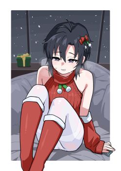 1girl absurdres antenna_hair arm_warmers bare_shoulders black_eyes black_hair boots box christmas commentary condom condom_wrapper fur-trimmed_boots fur_trim gift gift_box highres idolmaster idolmaster_(classic) kikuchi_makoto knees_up ohgi910 pantyhose parted_lips red_boots red_sweater short_hair sitting sleeveless sleeveless_sweater solo sweater thighband_pantyhose white_pantyhose