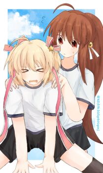>_< 2girls ahoge alternate_costume bell black_shorts blonde_hair blue_sky border breasts brown_hair cloud commentary cowboy_shot day exercising eyes_visible_through_hair facing_viewer flying_sweatdrops gym_shirt gym_shorts gym_uniform hair_bell hair_between_eyes hair_ornament hair_ribbon hands_on_another's_shoulders jingle_bell kamikita_komari leaning_forward little_busters! long_hair long_ribbon looking_at_another medium_breasts multiple_girls natsume_rin outdoors outside_border pink_ribbon ponytail red_eyes ribbon shirt shorts sidelocks sketch sky star_(symbol) star_hair_ornament stretching sweatdrop symbol-only_commentary twitter_username two_side_up v-shaped_eyebrows very_long_hair white_border white_ribbon xdjf63qbpt0iqmj