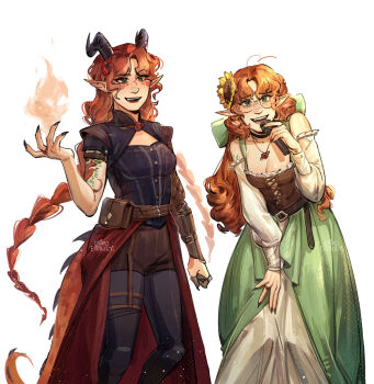 Rule 34 | 2girls, absurdres, ahoge, animification, arm tattoo, armor, artist name, belt, belt buckle, belt pouch, black armor, black belt, black pantyhose, braid, breasts, brown belt, brown corset, brown shorts, buckle, claws, cleavage, clip studio paint (medium), commentary, corset, cowboy shot, curtained hair, dragon girl, dragon horns, dragon tail, dress, dual persona, english commentary, eydilily, fang, fire, flower, freckles, geminitay, geminitay (dragon rider), geminitay (innkeeper), green dress, green eyes, hair flower, hair ornament, hand up, hermitcraft, highres, holding, holding microphone, horns, jewelry, leaning forward, long hair, looking at viewer, low twin braids, medium breasts, microphone, minecraft youtube, multiple girls, necklace, off-shoulder shirt, off shoulder, official alternate costume, open mouth, orange hair, pantyhose, pointy ears, pouch, red flower, red skirt, ring, shirt, shorts, simple background, skirt, standing, sunflower, sunflower hair ornament, tail, tattoo, twin braids, very long hair, wavy hair, white background, white shirt