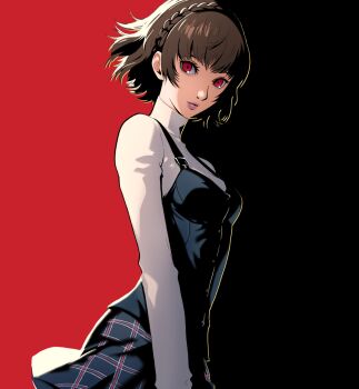 1girl arm_at_side black_background black_skirt black_vest braid breasts brown_hair closed_mouth commentary cowboy_shot crown_braid from_side halterneck highres long_sleeves looking_at_viewer medium_breasts niijima_makoto nika_dudi persona persona_5 pink_lips plaid_clothes plaid_skirt red_background red_eyes school_uniform shirt short_hair shuujin_academy_school_uniform skirt solo standing turtleneck turtleneck_shirt two-tone_background vest white_shirt