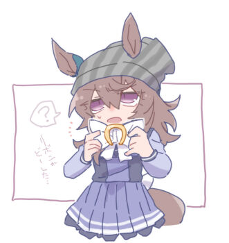 1girl ? animal_ears beanie beer_hsk bow brown_hair ears_through_headwear grey_hat hair_between_eyes hands_up hat horse_ears horse_girl horse_tail long_hair long_sleeves looking_at_viewer nakayama_festa_(umamusume) open_mouth pleated_skirt purple_eyes purple_shirt purple_skirt school_uniform shirt skirt small_sweatdrop solo spoken_question_mark striped_clothes striped_headwear sweat tail tracen_school_uniform translation_request umamusume v-shaped_eyebrows vertical-striped_clothes vertical-striped_headwear white_background white_bow
