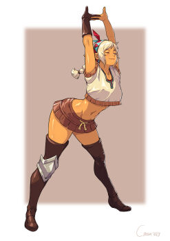 1girl 2023 absurdres artist_name blush boots braid breasts brown_background brown_boots cammy_white cirenk closed_eyes full_body gloves handkerchief highres large_breasts meme native_american_clothes navel original pointy_ears reference single_braid single_glove skirt smile street_fighter street_fighter_6 stretching white_background white_hair