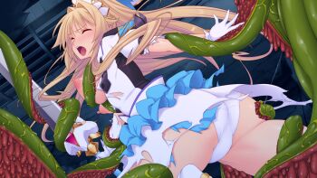 1girl ass blonde_hair blush breasts breasts_out closed_eyes dress erika_la_etienne frills game_cg gloves grabbing_another&#039;s_breast groping hair_intakes holding holding_sword holding_weapon imminent_rape kourin_tenshi_en_ciel_rena large_breasts large_variant_set long_hair magical_girl nipples non-web_source official_art open_mouth panties puffy_sleeves rape restrained saitou_natsuki short_sleeves skirt slime_(substance) solo suhamaya sword tentacles tiara torn_clothes torn_dress torn_panties underwear variant_set weapon white_gloves white_panties