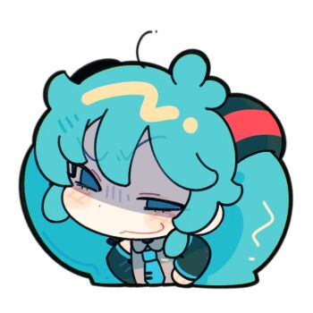 1girl blue_eyes blue_hair blush_stickers chibi chibi_only collared_shirt commentary cropped_torso detached_sleeves hair_ornament hands_on_own_hips hatsune_miku long_hair narrowed_eyes necktie shaded_face shirt sleeveless sleeveless_shirt smile smirk smug solo suuroku symbol-only_commentary twintails uneven_eyes vocaloid