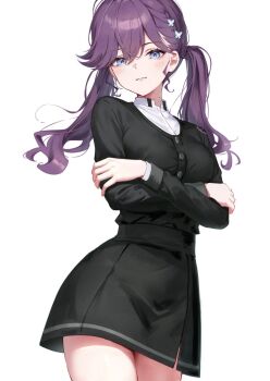 1girl bags_under_eyes black_dress blue_eyes blush braid butterfly_hair_ornament closed_mouth commentary_request crossed_arms dress enu_illustip gakuen_idolmaster gokugetsu_academy_school_uniform hair_ornament highres idolmaster kaya_rinha long_hair long_sleeves looking_at_viewer mole mole_on_neck purple_hair school_uniform shirt smile solo standing twintails white_shirt