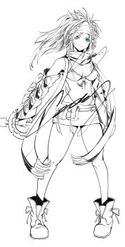 1girl arm_ribbon bare_shoulders beads boots braid breasts cleavage crazy02oekaki dual_wielding final_fantasy final_fantasy_x final_fantasy_x-2 full_body green_eyes hair_beads hair_ornament headband highres holding lineart long_hair looking_at_viewer medium_breasts midriff miniskirt multiple_braids navel parted_bangs ribbon rikku_(ff10) scarf signature skirt smile solo sphere_hair_ornament spot_color standing white_background