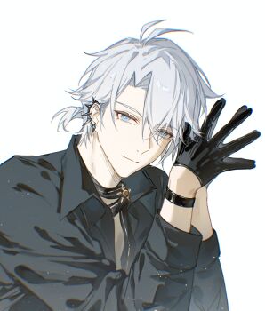 Rule 34 | 1boy, antenna hair, black gloves, black necktie, black shirt, blue eyes, earclip, gloves, half gloves, hashtag-only commentary, highres, honkai: star rail, honkai (series), long sleeves, looking at viewer, lqby129, male focus, necktie, official alternate costume, own hands together, parted bangs, phainon (fashion) (honkai: star rail), phainon (honkai: star rail), ponytail, shirt, short hair, short ponytail, simple background, single glove, solo, white background, white hair