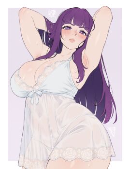 Rule 34 | 1girl, annoyed, armpits, arms behind head, arms up, blunt bangs, breasts, cleavage, covered navel, eyelashes, fern (sousou no frieren), godlessrat, highres, huge breasts, long hair, looking at viewer, nightgown, no panties, plump, pout, purple eyes, purple hair, purple pupils, see-through clothes, see-through nightgown, solo, sousou no frieren, sweat, thick thighs, thighs, white nightgown