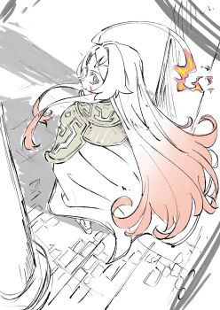 1girl ahoge artist_request commentary_request facial_mark from_above full_body highres huge_ahoge long_hair looking_at_viewer looking_back orange_hair partially_colored second-party_source sketch solo standing teoritta very_long_hair yuushakei_ni_shosu