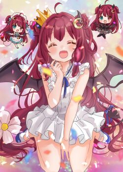 1girl :d ^_^ apron black_capelet black_dress black_shirt blue_bow blue_eyes blue_skirt blush bow brown_wings capelet chibi closed_eyes confetti crescent crescent_hair_ornament demon_girl demon_horns demon_tail demon_wings double_bun dress facing_viewer fang flower frilled_dress frills hair_bobbles hair_bun hair_flower hair_ornament heterochromia highres horns long_hair maid_headdress mini_person minigirl multiple_views nijisanji open_mouth red_eyes red_hair rino_cnc shirt skirt sleeveless sleeveless_shirt smile tail tail_bow tail_ornament two_side_up very_long_hair virtual_youtuber waist_apron white_apron white_dress white_flower wings yuzuki_roa yuzuki_roa_(1st_costume) yuzuki_roa_(2nd_costume) yuzuki_roa_(3rd_costume)