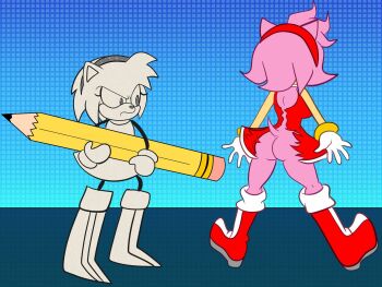 2girls amy_rose angry ass butt_crack demilachan doppelganger dress from_behind highres multiple_girls non-web_source oversized_object parody pencil pink_fur red_dress scene_reference sonic_(series) tail torn_clothes torn_dress