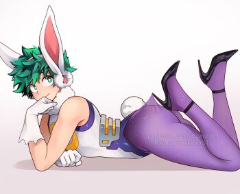 ass boku_no_hero_academia crossdressing freckles green_eyes green_hair hanode_art high_heels leggings leotard lying messy_hair midoriya_izuku mirko mirko_(cosplay) on_stomach smile