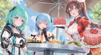 3girls aether_gazer alice_vu blue_eyes blue_hair braid breasts brown_hair building character_request cleavage closed_eyes cloud copyright_name copyright_notice drink drinking_straw drooling food gloves green_hair hair_ornament hair_tubes highres holding holding_plate looking_at_viewer multiple_girls official_art open_mouth partially_fingerless_gloves plate second-party_source sky smile sparkling_eyes table