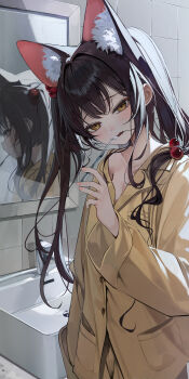 1girl absurdres animal_ear_fluff animal_ears animal_ears_(norankkori) bathroom black_hair blush brown_eyes brushing_teeth cat_ears collarbone cowboy_shot extra_ears faucet hair_bobbles hair_ornament highres holding holding_toothbrush long_hair long_sleeves looking_at_viewer mirror off_shoulder one_side_up original pajamas reference_sheet single_bare_shoulder sink solo tile_wall tiles toothbrush yellow_pajamas