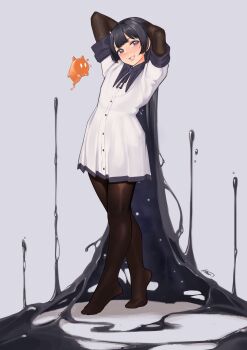 Rule 34 | 1girl, absurdly long hair, absurdres, aiharararara, arms behind head, black hair, black pantyhose, blue eyes, creature, dress, flat chest, from side, full body, highres, lips, long hair, looking at viewer, mascot, mua (aiharararara), original, pantyhose, simple background, smile, solo, tiptoes, very long hair, white dress