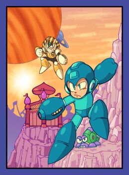 2boys arm_cannon armor blue_bodysuit blue_boots blue_eyes blue_gloves blue_helmet bodysuit boots caliginousarts commentary derivative_work english_commentary escaroo frown full_body gloves helmet highres looking_at_viewer male_focus mask mega_man_(character) mega_man_(classic) mega_man_(series) mega_man_4 mouth_mask multiple_boys nemes non-humanoid_robot outdoors pharaoh_man planet planetary_ring robot solo_focus video_game_cover_redraw weapon yellow_armor