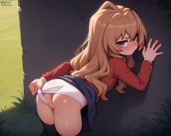 absurdres against_wall ai-assisted aisaka_taiga anus anus_peek ass bent_over blazer blush brown_eyes brown_hair cleft_of_venus clothing_aside from_behind grass highres jacket loli long_hair looking_at_viewer looking_back messy_hair open_clothes outdoors panties panties_aside pout presenting_own_pussy protokebab pussy school_uniform skirt solo solo_focus thighhighs toradora! tsundere uncensored underwear white_panties