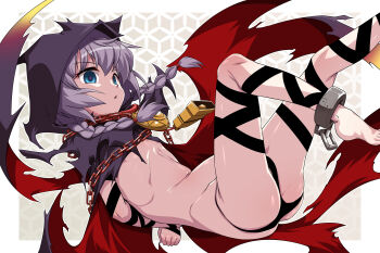 1girl arms_behind_back barefoot bell blue_eyes braid chain cloak commentary_request cuffs curse_maker etrian_odyssey flat_chest highres hood hood_up looking_at_viewer medium_hair purple_hair revealing_clothes shackles solo torn_cloak torn_clothes twin_braids yoshi_tama