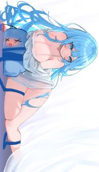 1girl arahashi_tabi blue_eyes blue_hair blue_ribbon breasts camisole center-flap_bangs cleavage closed_mouth commentary_request creature double-parted_bangs full_body grey_shirt haro_(1026_86) highres korean_commentary large_breasts long_hair looking_at_viewer lying on_side pungdangi_(arahashi_tabi) ribbon shirt shirt_partially_removed sideways smile spaghetti_strap stellive strap_slip very_long_hair virtual_youtuber white_camisole x_x