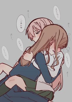 2girls bang_dream! bang_dream!_it&#039;s_mygo!!!!! between_legs blue_shirt blue_skirt blush brown_hair chihaya_anon commentary green_skirt grey_background grey_eyes haneoka_school_uniform highres hug long_hair multiple_girls nagasaki_soyo omegaverse parted_lips pink_hair school_uniform shibadooog shirt simple_background skirt speech_bubble sweat translation_request tsukinomori_school_uniform white_shirt yuri