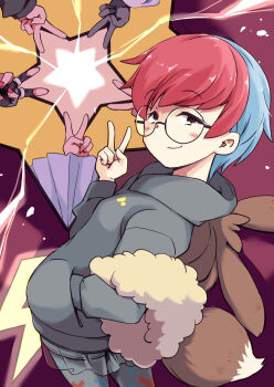 Rule 34 | 1girl, atticus (pokemon), blue hair, blush, closed mouth, commentary request, eevee backpack, electricity, eri (pokemon), giacomo (pokemon), glasses, grey hoodie, hand in pocket, hood, hood down, hoodie, lightning bolt symbol, mela (pokemon), multicolored hair, naruse yasuhiro, nintendo, ortega (pokemon), pantyhose, penny (pokemon), pokemon, pokemon sv, print pantyhose, red hair, round eyewear, see-through clothes, see-through skirt, short hair, skirt, smile, solo focus, star (symbol), team star, two-tone hair, v, very short hair