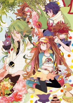 10s 2girls 3boys baseball_cap blue_hair boots brown_eyes brown_hair darumaka double_bun flower flygon gen_3_pokemon gen_5_pokemon green_hair hair_bun hat hilda_(pokemon) hugh_(pokemon) jewelry joltik multiple_boys multiple_girls n_(pokemon) nate_(pokemon) necklace nintendo pidove poke_ball pokemon pokemon_(creature) pokemon_bw pokemon_bw2 pomeko ponytail purrloin raglan_sleeves rosa_(pokemon) sandile scraggy timburr twintails vest visor_cap zorua