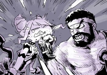 1boy 1girl anger_vein bare_shoulders bear black_hair bracelet chest_tattoo clenched_teeth closed_eyes collar fighting gloves hair_horns han_juri highres jewelry kangyaku pain punching ryu_(street_fighter) short_hair spiked_bracelet spiked_collar spikes street_fighter street_fighter_6 tattoo teeth