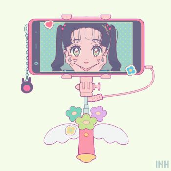 1girl animated animated_gif blinking breasts cellphone cellphone_charm charm_(object) commentary commentary_request green_eyes hair_ornament hairpin head_rest loose_hair_strand original phone selfie_stick smartphone solo sparkle symbol-only_commentary twintails vivinos watermark