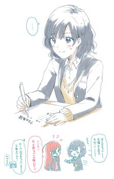 ... 2girls arms_on_table artist_self-insert black_hair black_jacket black_skirt black_sleeves blazer blue_eyes borrowed_character bow bowtie buttons closed_mouth collared_jacket collared_shirt commentary_request crossover eyelashes eyepatch fingernails highres holding holding_pen idolmaster jacket layered_sleeves light_blush long_hair long_sleeves multiple_girls multiple_views notice_lines one-eyed one_side_up open_clothes open_jacket open_mouth orange_hair original pen pink_bow pink_bowtie pink_vest pleated_skirt school_uniform shirt short_hair simple_background sketch skirt sleeves_past_wrists smile speech_bubble sweatdrop sweater_vest tearing_up translation_request upper_body v-neck vest wavy_hair white_background white_shirt witoi_(roa) writing yellow_vest