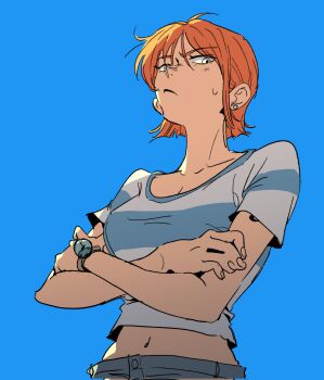 1girl 41waysu blue_background bracelet breasts closed_mouth collarbone commentary crossed_arms earrings hair_behind_ear highres jewelry log_pose looking_at_viewer medium_breasts midriff_peek nami_(one_piece) navel one_piece orange_hair shirt short_hair short_sleeves shoulder_tattoo single_sidelock solo stud_earrings sweatdrop symbol-only_commentary tattoo upper_body white_shirt
