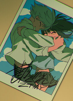 1boy 1girl black_hair black_pants black_skirt character_request closed_eyes commentary_request copyright_request grin highres long_sleeves menma_(enaic31) navel open_mouth pants photo_(object) pleated_skirt shirt short_hair skirt smile teeth translation_request white_hair white_shirt