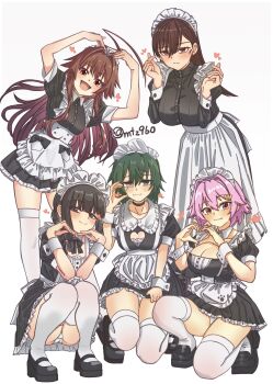 Rule 34 | 5girls, :3, absurdres, ahoge, alternate costume, apron, artist name, black boots, black dress, black hair, blush, boots, braid, breasts, brown eyes, brown hair, cleavage, clothing cutout, collarbone, commentary request, detached collar, dress, embarrassed, enmaided, finger heart, flat chest, frills, full body, green eyes, green hair, half-heart hands, hands on own head, heart, heart cutout, heart hands, highres, huge ahoge, kantai collection, kiso (kancolle), kitakami (kancolle), kneeling, kuma (kancolle), lace-up boots, large breasts, long hair, looking at viewer, maid, maid apron, maid headdress, medium breasts, motizou, multiple girls, ooi (kancolle), panties, pantyshot, pink hair, platform shoes, pleated dress, red eyes, shoes, short hair, short sleeves, signature, simple background, single braid, smile, squatting, tama (kancolle), thighhighs, underwear, waist apron, white apron, white background, white dress, white panties, white thighhighs, white wrist cuffs, wrist cuffs, yellow eyes