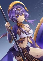 Rule 34 | 1girl, absurdres, ankh, ankh necklace, ankoro, bare shoulders, blue eyes, blue hair, bracer, breasts, candace (genshin impact), dark-skinned female, dark skin, egyptian clothes, eye of horus, genshin impact, hair ornament, heterochromia, highres, holding, holding weapon, jewelry, large breasts, looking at viewer, midriff, night, night sky, shield, short hair with long locks, sidelocks, sky, smile, solo, solo focus, star (sky), starry sky, weapon, yellow eyes