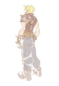 1boy absurdres armor armored_gloves belt black_shirt blonde_hair boots brown_belt cloud_strife facing_away filledmouth final_fantasy final_fantasy_vii full_body grey_boots grey_pants highres multiple_belts pants pauldrons shirt short_hair shoulder_armor single_bare_shoulder single_pauldron sleeveless sleeveless_turtleneck solo spiked_hair standing suspenders turtleneck white_background