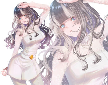 Rule 34 | 1girl, belt, black hair, blue eyes, blunt bangs, breasts, chiyokurayuki, dress, grey hair, hair in own mouth, hashtag-only commentary, highres, hololive, hololive dev is, juufuutei raden, long hair, looking at viewer, medium breasts, multicolored hair, see-through cleavage, see-through clothes, solo, streaked hair, two-tone hair, virtual youtuber, white dress, zoom layer