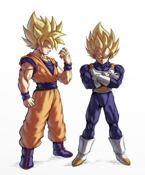 Rule 34 | 2boys, armor, blonde hair, blue bodysuit, blue boots, blue sash, blue shirt, blue wrist cuffs, bodysuit, boots, crossed arms, dougi, dragon ball, dragon ball super, full body, gloves, green eyes, highres, male focus, multiple boys, muscular, muscular male, orange pants, orange shirt, pants, saiyan armor, sash, shirt, simple background, skin tight, smirk, son goku, spiked hair, standing, super saiyan, super saiyan 1, sydoria, vegeta, white armor, white background, white boots, white gloves, wrist cuffs
