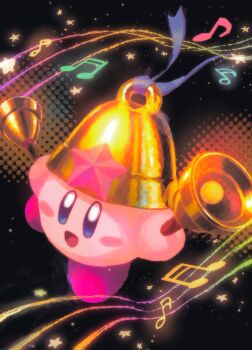1other :d aruco_co bell bell_kirby black_background blue_ribbon colored_skin gold_bell happy highres holding holding_bell kirby kirby_(series) musical_note nintendo open_mouth pink_skin polka_dot ribbon smile star_(symbol) tongue